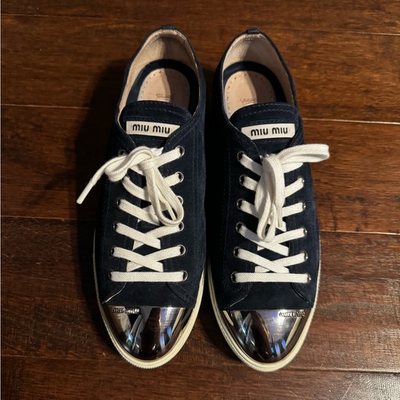Miu Miu Navy Blue Suede Metal Cap Toe Lace Up Sneakers- 40 - Picture 10 of 14
